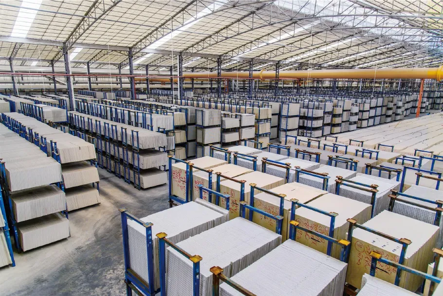 Tile slab storage area at a selected production partner facility
